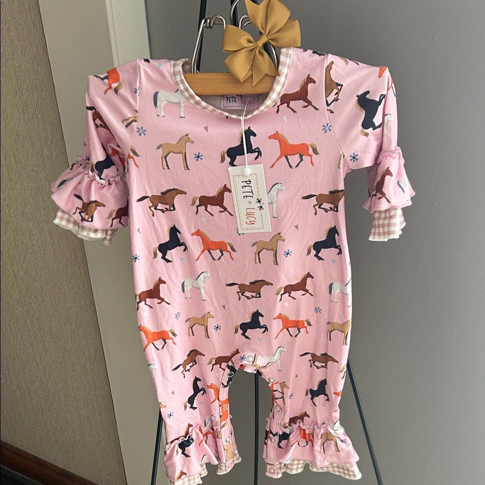 Pete + Lucy Pink Horse Print Baby Romper